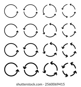 set of circle arrows rotating in different style. Different circular arrows icon set, different thickness, Circular arrows symbol. Recycle circle icons. refresh symbol. Circular arrow icons. 