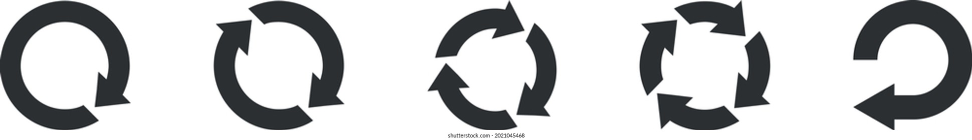 Conjunto de flechas de círculo girando sobre fondo blanco. Refrescar, recargar, reciclar, girar el bucle colección de signos. Flechas de círculo negro para infografías, diseño web. Ilustración vectorial, estilo plano, imagen clip
