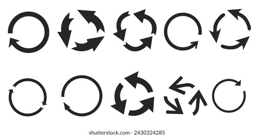 Set of circle arrows rotating on white background. Refresh, reload, recycle, loop rotation sign collection. Black circle arrows for infographics web design. Vector illustration flat style clip art 4 5