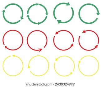 Set of circle arrows rotating on white background. Refresh, reload, recycle, loop rotation sign collection. Black circle arrows for infographics, web design. Vector illustration flat style clip art5 6