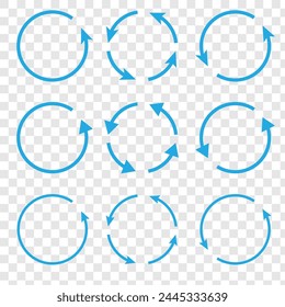 Conjunto de flechas circulares girando sobre fondo transparente Actualizar, recargar, reciclar, rotación de bucle de colección de signos. Flechas de círculo negras para el Diseño web de infografías. Ilustración vectorial estilo plano.