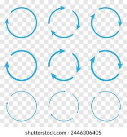 Set of circle arrows rotating on white background. Refresh, reload, recycle, loop rotation sign collection. Black circle arrows for infographics, web design. Vector illustration. Eps file 32.