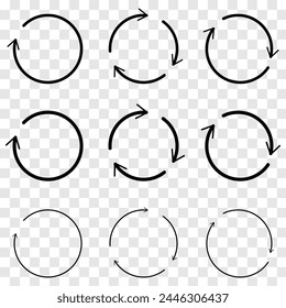 Set of circle arrows rotating on white background. Refresh, reload, recycle, loop rotation sign collection. Black circle arrows for infographics, web design. Vector illustration. Eps file 34.