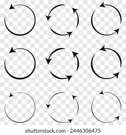Set of circle arrows rotating on white background. Refresh, reload, recycle, loop rotation sign collection. Black circle arrows for infographics, web design. Vector illustration. Eps file 35.