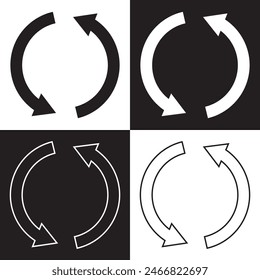 Set of circle arrows rotating on white and black background. Refresh, reload, recycle, loop rotation sign collection. Black circle arrows for infographics, web design.  flat style, clip art.