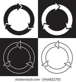 Set of circle arrows rotating on white and black background. Refresh, reload, recycle, loop rotation sign collection. Black circle arrows for infographics, web design.  flat style, clip art.