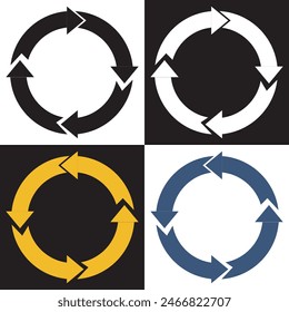 Set of circle arrows rotating on white and black background. Refresh, reload, recycle, loop rotation sign collection. Black circle arrows for infographics, web design.  flat style, clip art.