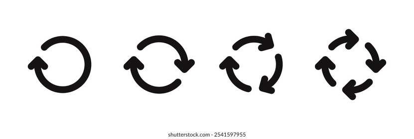 Conjunto de setas circulares que giram sobre fundo branco. Atualizar, recarregar, reciclar, coleção de sinais de rotação de loop. Setas em círculo preto para infográficos, web design. Ilustração vetorial.