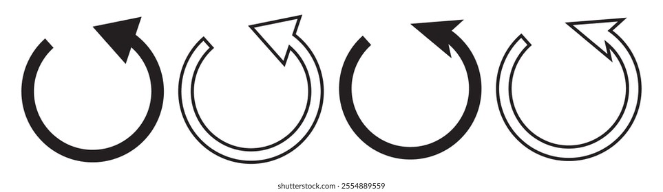 Set of circle arrows rotating on white background. Refresh, reload, recycle, loop rotation sign collection. Black circle arrows for infographics, web design. Vector illustration, flat style, clip art.