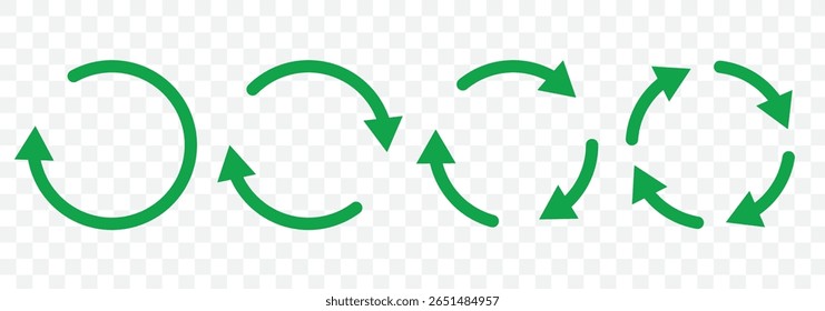 Set of circle arrows rotating on white background. Refresh, reload, recycle, loop rotation sign collection. Black circle arrows for infographics, web design. Vector illustration, flat style. EPS 10.