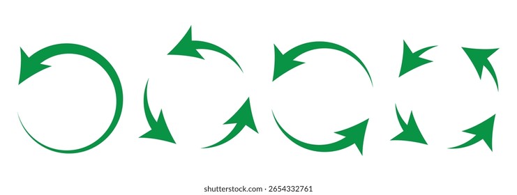 Conjunto de setas circulares que giram sobre fundo branco. Atualizar, recarregar, reciclar, coleção de sinais de rotação de loop. Setas em círculo preto para infográficos, web design. Ilustração vetorial, estilo plano, clip-art.