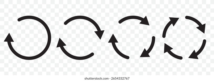 Conjunto de setas circulares que giram sobre fundo branco. Atualizar, recarregar, reciclar, coleção de sinais de rotação de loop. Setas em círculo preto para infográficos, web design. Ilustração vetorial, estilo plano, clip-art.