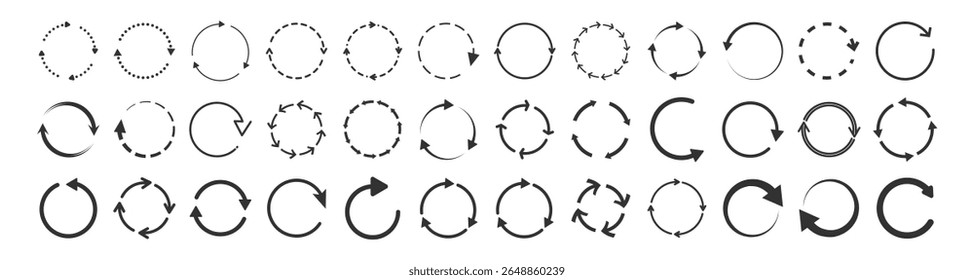 Set of circle arrows rotating, refresh, reload, recycle, loop icons. Black and blue arrow symbols for web design and infographics. Vector illustration on transparent background