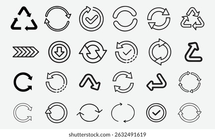 Set of Circle Arrows Vector Icon Reload, Repeat, Rotation Symbols in Line and Silhouette Style on White Background