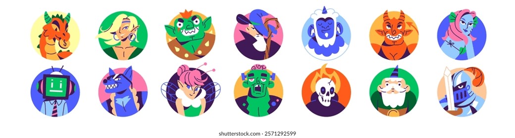 Set of circle avatars of fantasy character. Different faces of user profiles with round shape in video game: dragon, knight, elf, wizard, dwarf, goblin. Flat isolated vector illustrations on white