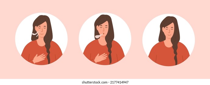 Set Of Circle Avatars Or Portraits Of Young Female Doing Abdominal Breathing. Deep Belly Breathing Technique Woman Exhaling And Inhaling. Meditation, Diaphragmatic Exercise, Pranayama Yoga. Vector.