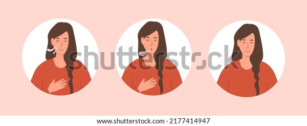 Set of circle avatars or portraits of young\
female doing abdominal breathing. Deep belly breathing technique\
Woman exhaling and inhaling. Meditation, diaphragmatic exercise,\
pranayama yoga. Vector.