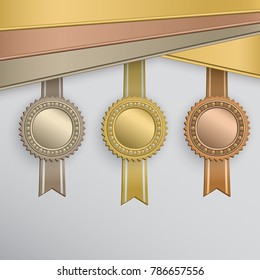 Set of circle award badges on ribbons.