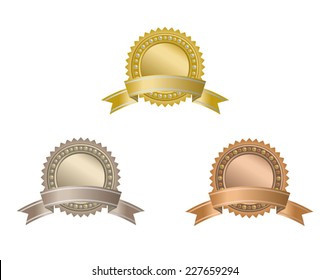 Set of circle awards with ribbons.