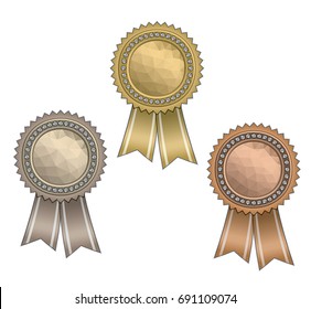 Set of circle awards with ribbons, diamonds and polygonal texture.