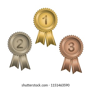 Set of circle awards with ribbons and numbers.