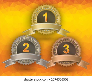 Set of circle awards with ribbons on orange polygonal background.