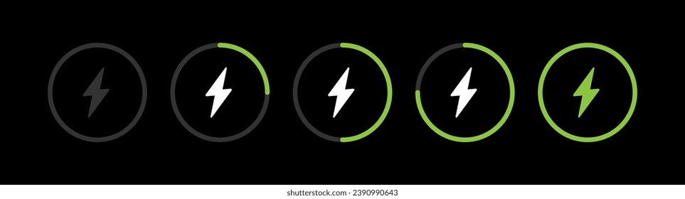 Conjunto de indicadores de carga de batería circular con símbolo de rayo. Nivel de carga de 0 a 100 %. Tecnología de carga inalámbrica rápida. Ilustración vectorial.