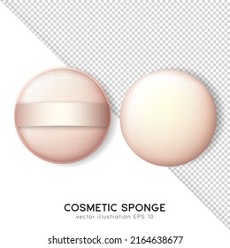Set of circle beige powder puffs isolated on transparent and white background. Realistic mockup of makeup sponges for compact powder, foundation cushion. Vector cosmetic items template