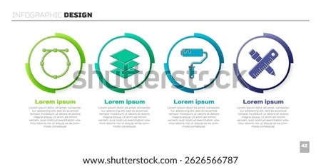 Set Circle with Bezier curve, Layers, Paint roller brush and Crossed ruler and pencil. Business infographic template. Vector