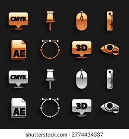 Set Circle with Bezier curve, Ruler, Red eye effect, Speech bubble text 3D, AE file document, Computer mouse, CMYK and Push pin icon. Vector