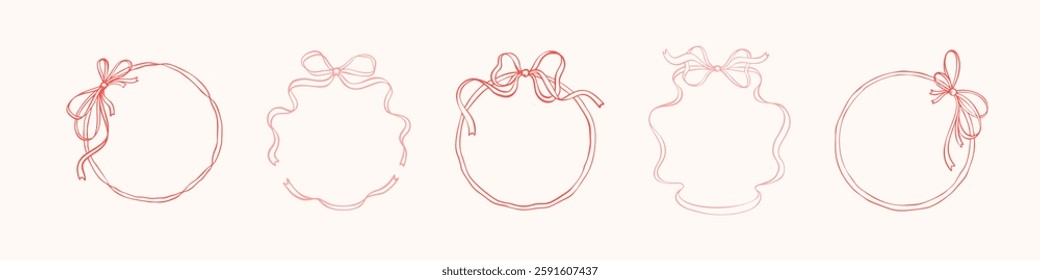 Set of circle bow ribbon borders. Hand drawn coquettish vector illustration. Valentines day, bachelorette, birthday, Christmas, wedding invitation. Italian la dolce vita stile. Minimalist drawing