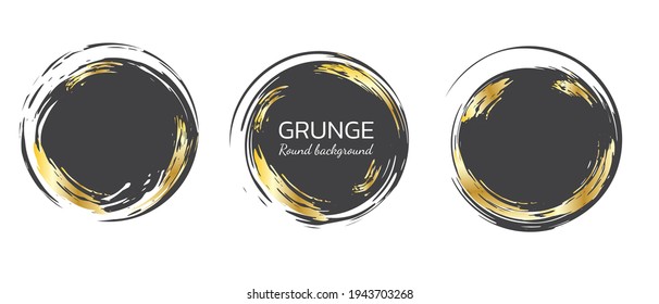 Set of circle brush strokes, grunge vector frames. Hand drawn design, vintage and retro elements in dark and gold colors. Template for logo, banner. Abstract shape. Vector illustration.