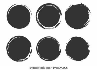 Set of circle brush strokes, hand drawn paint frame for design logo, banner, card. Vector illustration isolated on white background.