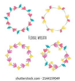 Set of circle brush strokes, hand drawn frame with a wreath of flowers. Vector illustration isolated on white background.