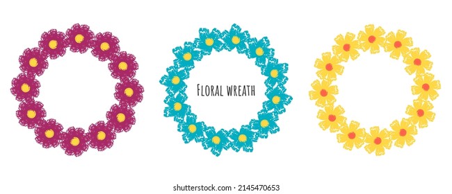 Set of circle brush strokes, hand drawn frame with a wreath of flowers. Vector illustration isolated on white background.
