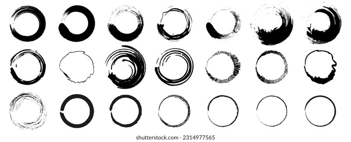 Set of circle brush strokes, hand drawn paint brush circle logo frame. Vector set of grunge circle brush. Vector illustration EPS 10