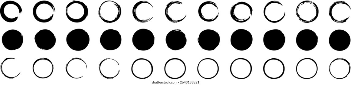 Set of circle brush strokes, hand drawn paint brush circle logo frame. Vector set of grunge circle brush. Vector illustration EPS 10