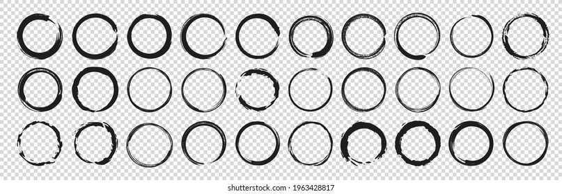 Set of circle brushes elements. Different circle brush strokes. Grunge round shapes. Boxes, frames for text, labels, logo, grunge. Vector illustration.