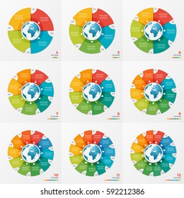Set of circle chart infographic designs with globe for presentations, advertising, layouts, annual reports, web design.