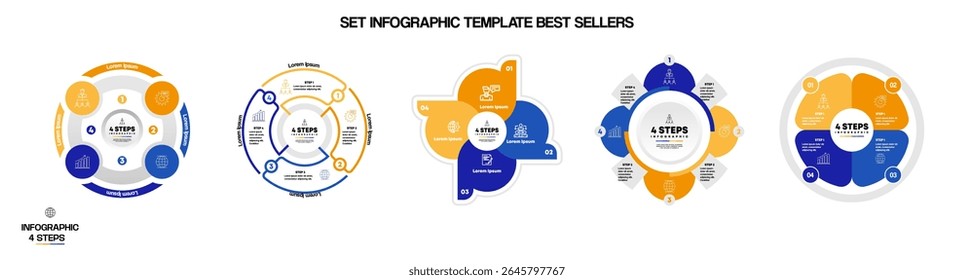 Set circle chart infographic template with 4 options for presentations. Vector illustration editable Eps