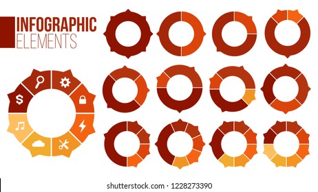 Set of circle chart infographic templates with1-8 options for presentations, advertising, layouts, annual reports. Vector illustration isolated on white background.