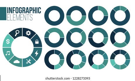 Set of circle chart infographic templates with1-8 options for presentations, advertising, layouts, annual reports. Vector illustration isolated on white background.