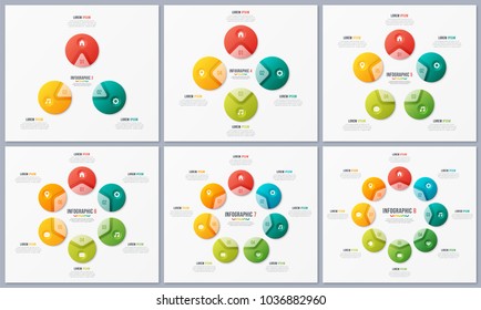 Set of circle chart templates with 3 4 5 6 7 8 options. Vector design for infographics, presentations, reports, layouts, projects, visualization. Global swatches.