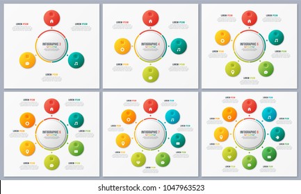 Set of circle chart templates with 3 4 5 6 7 8 options. Vector design for infographics, presentations, reports, layouts, projects, visualization. Global swatches.