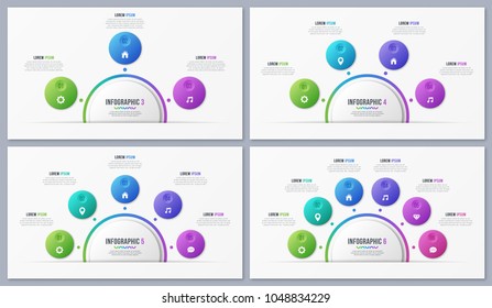 Set of circle chart templates with 3 4 5 6 7 8 options. Vector design for infographics, presentations, reports, layouts, projects, visualization. Global swatches.