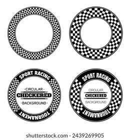 Set of circle checkered halftone patterns with sample texe for sports race labels