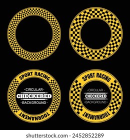 Set of circle checkered halftone patterns with sample texe for sports race labels