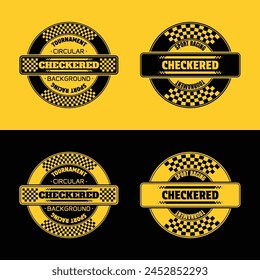 Set of circle checkered halftone patterns with sample texe for sports race labels