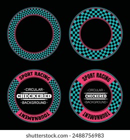 Set of circle checkered halftone patterns with sample texe for sports race labels