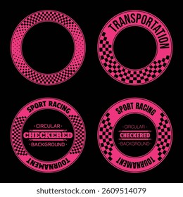 Set of circle checkered halftone patterns with sample texe for sports race labels